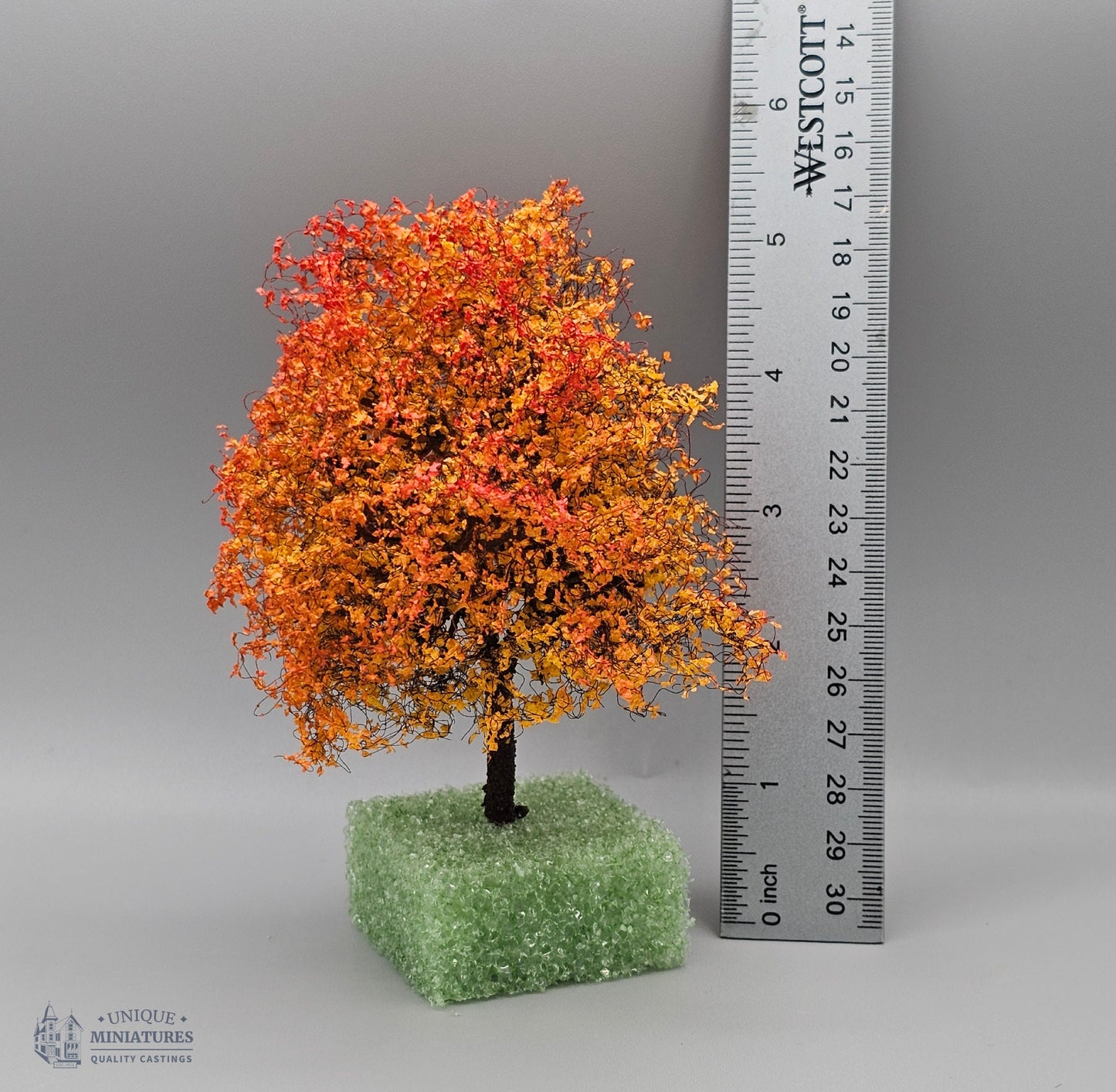 Small Red Orange Autumn Tree on Spike | 4 Inches | Miniature for Dollhouse Garden