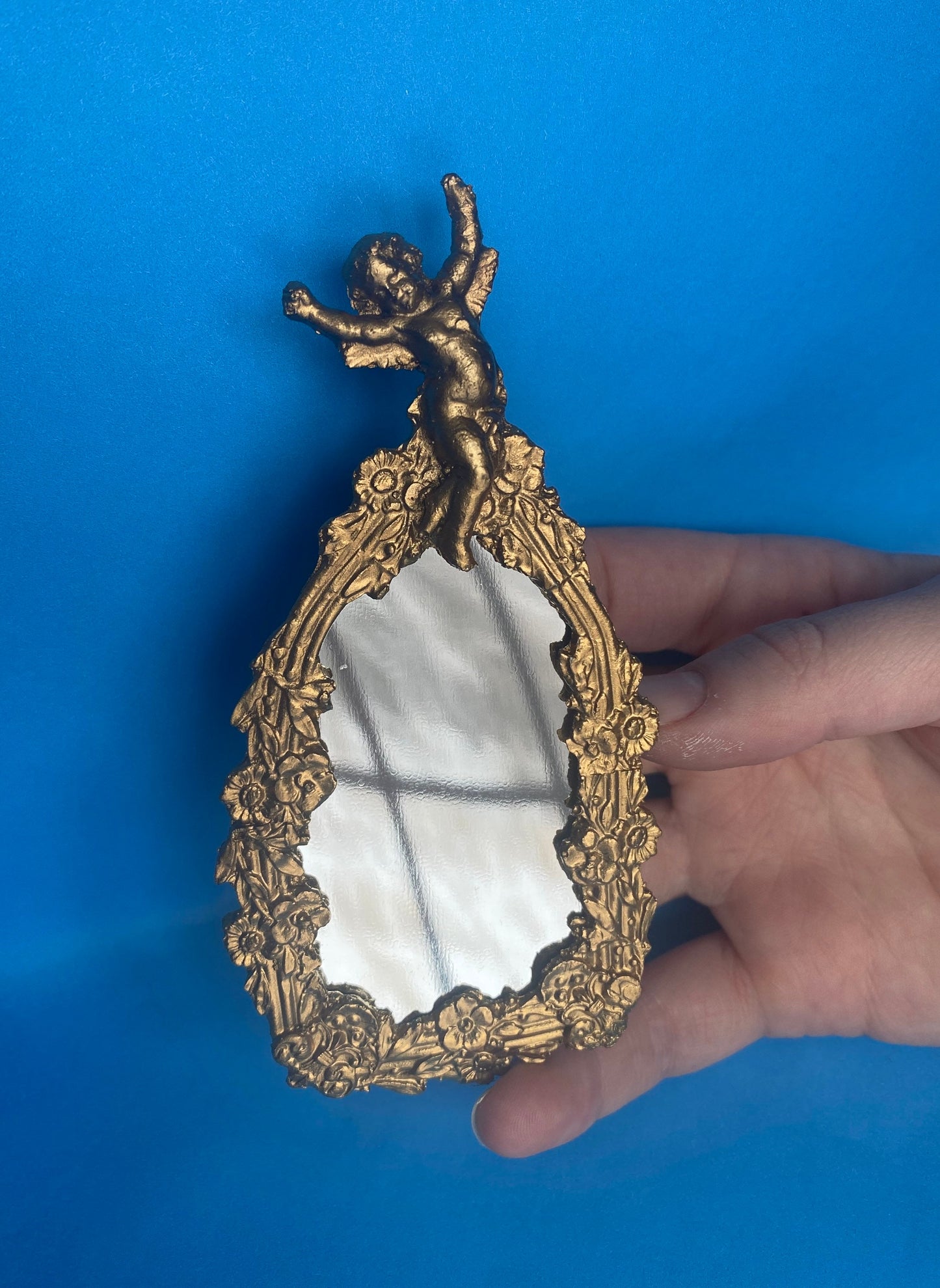Golden Cherub Mirror | 2 1/2” x  5" | Ornamentation for Dollhouse Miniatures